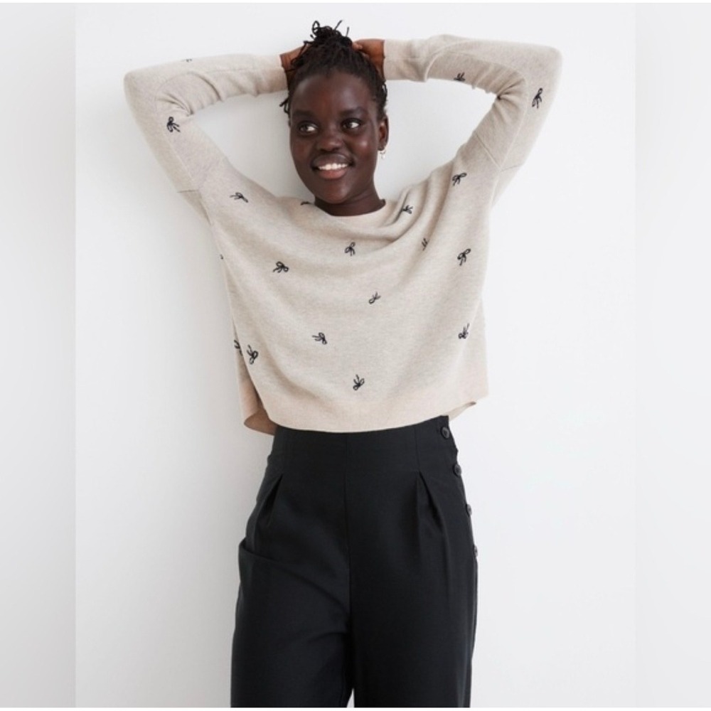 Madewell XXL Oatmeal Grey Embroidered Bow Crewneck Relaxed Fit Knit Sweater